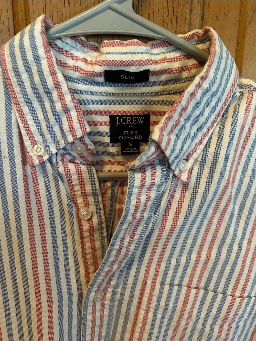 J. Crew Short-Sleeve Button-Down Shirt in Blue, Red & White Stripe